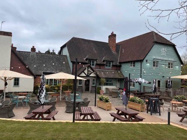 Pub exterior with new garden terrace and seating
